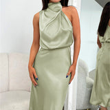 Carlina | Rochie lungă din satin cu decolteu halter