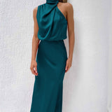 Helena – Rochie Lungă Satin Elegantă cu Decolteu la Gât, Culori Variate