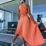 Celeste – Rochie Maxi de Damă Elegantă cu Un Umăr și Pliseuri