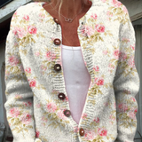 Pulover cardigan cu nasturi, imprimeu cu flori roz proaspete și frunze verzi