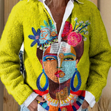 Pulover cardigan cu nasturi, imprimeu artistic portret Freda în ulei