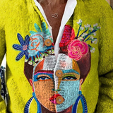 Pulover cardigan cu nasturi, imprimeu artistic portret Freda în ulei