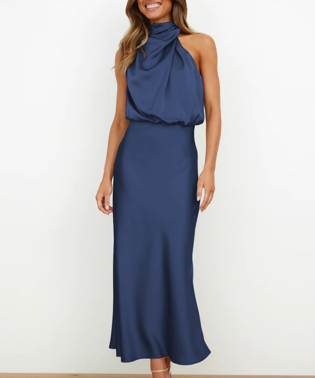 Helena – Rochie Lungă Satin Elegantă cu Decolteu la Gât, Culori Variate