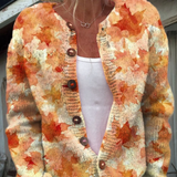 Pulover cardigan cu nasturi, imprimeu artistic cu frunze de arțar de toamnă