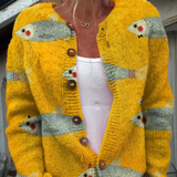 Pulover cardigan cu nasturi, imprimeu artistic vintage cu sardine