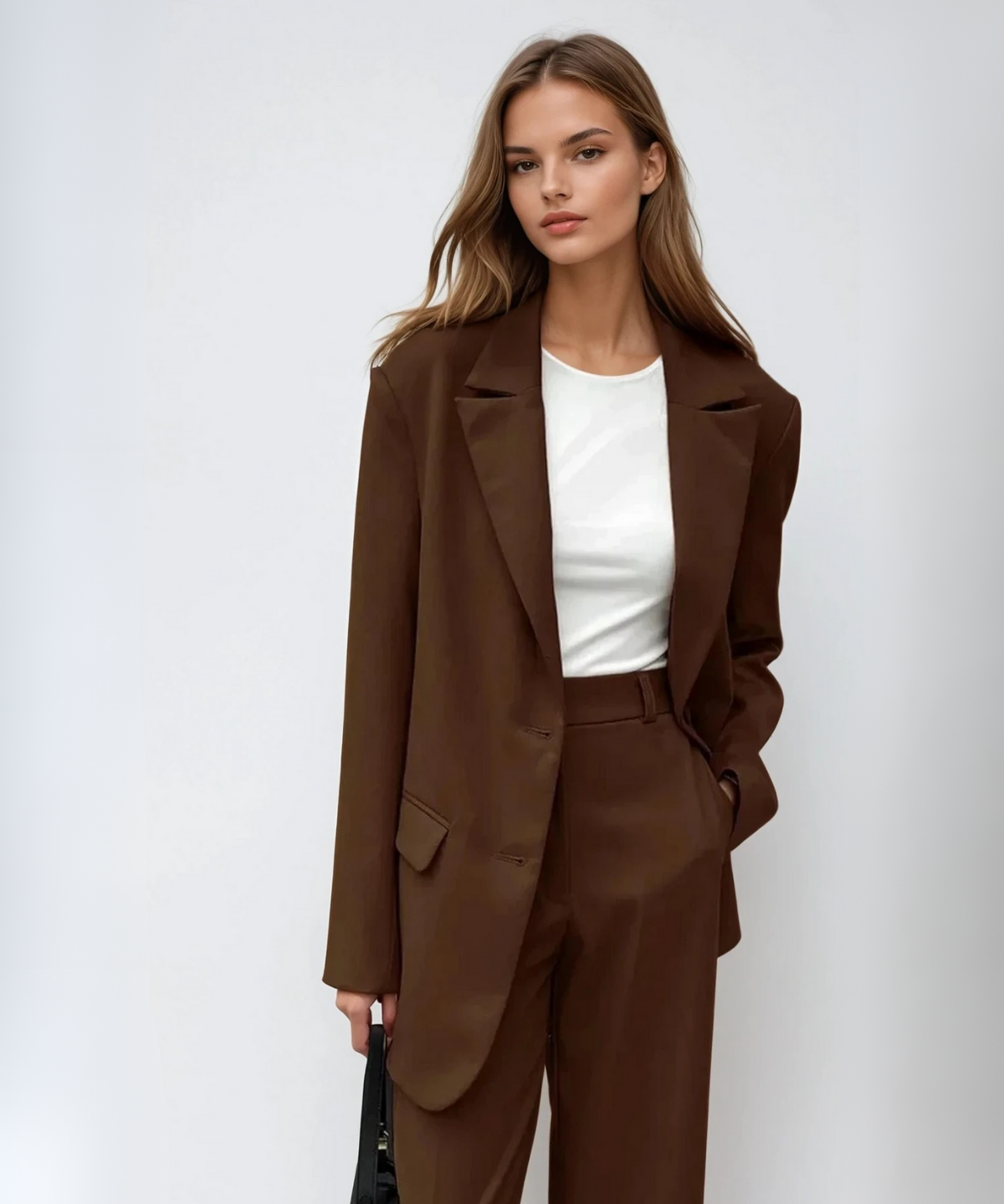Blazer vintage mocha coordonat și pantaloni cu picioare largi
