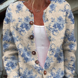Pulover cardigan cu nasturi pentru femei, imprimeu artistic floral drăguț