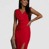 Fresia – Rochie Damă Chic, Ajustată cu Decolteu în V și Fustă Midi cu Slit