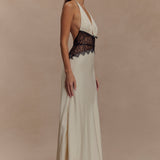 Kalira – Rochie Maxi Damă Elegantă din Satin cu Dantelă Roz