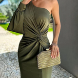 Clarisse – Rochie de Damă Drapată pe Un Umăr Elegantă Oliv