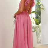 Ava – Rochie Midi Damă Roz cu Mâneci Puff și Croi Fluid