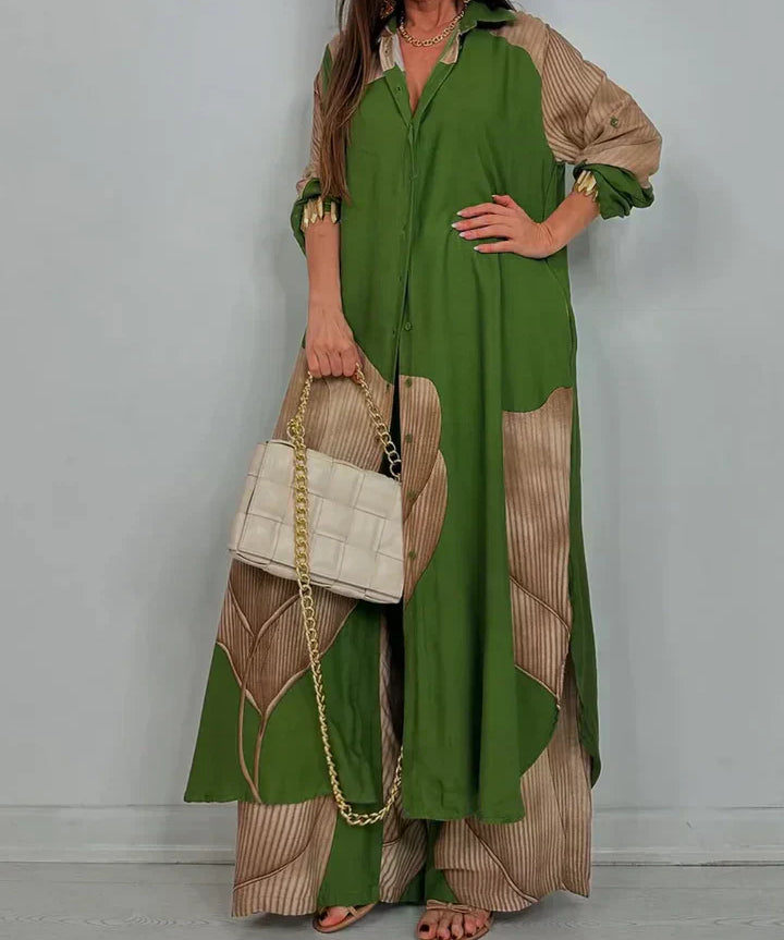 ISABEAU – SET TOP CU PRINT PATCHWORK TENDENȚĂ ȘI PANTALONI LARGI