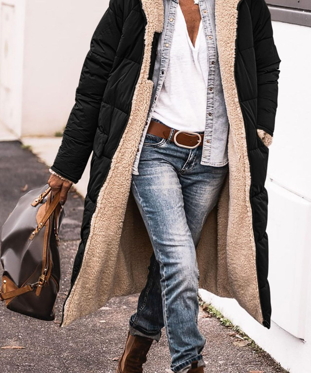 Johna – Mantou de Damă Reversibil din Sherpa cu Glugă Elegantă