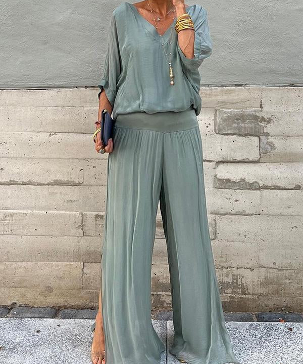 ESMERALDA – SET DIN DOUĂ PIESE CU PANTALONI LARGI DIN CHIFFON ELEGANT