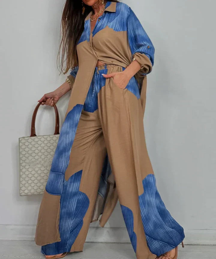 ISABEAU – SET TOP CU PRINT PATCHWORK TENDENȚĂ ȘI PANTALONI LARGI