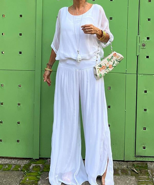 ESMERALDA – SET DIN DOUĂ PIESE CU PANTALONI LARGI DIN CHIFFON ELEGANT