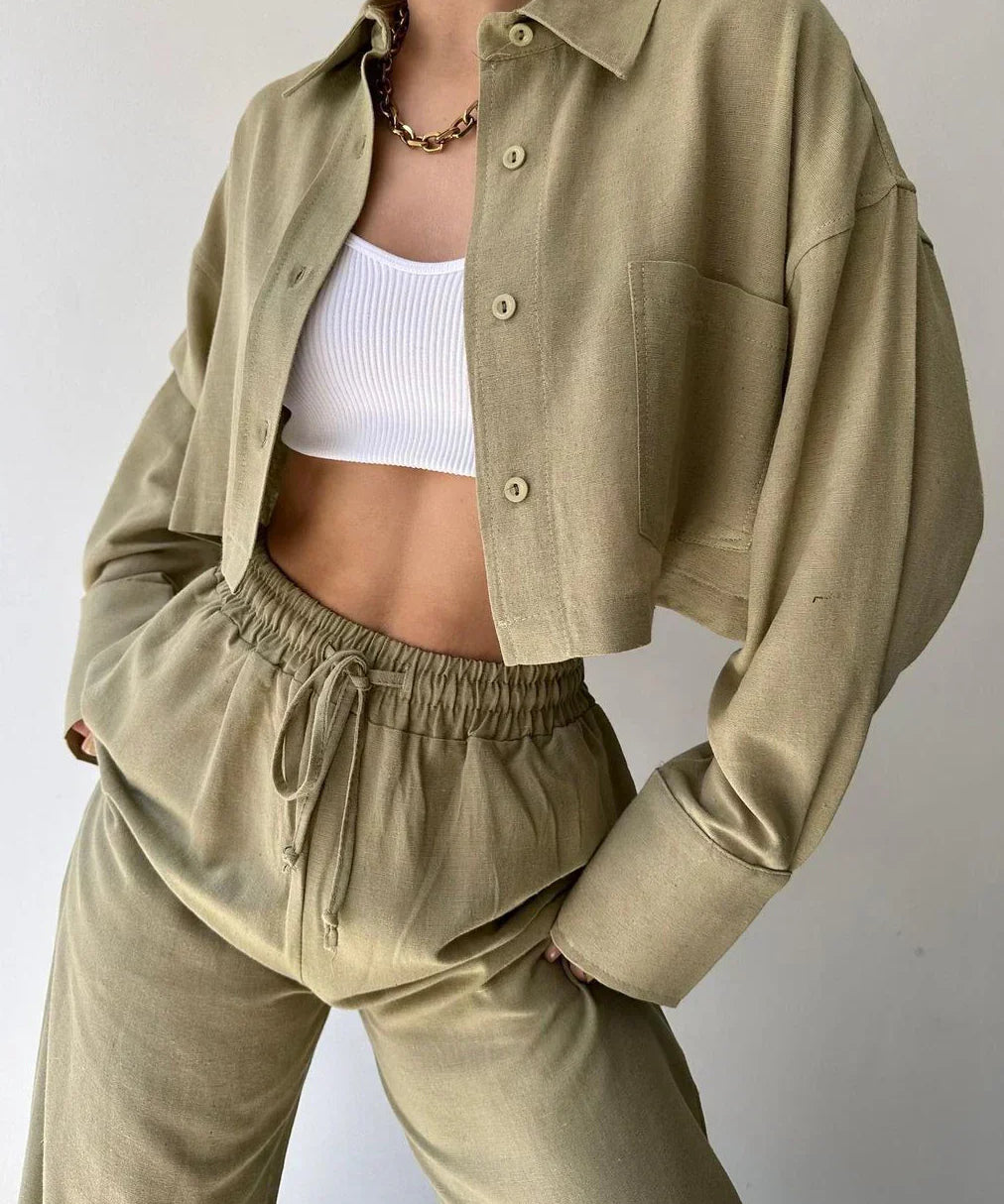 Set de pantaloni din două piese cu guler și șnur, casual