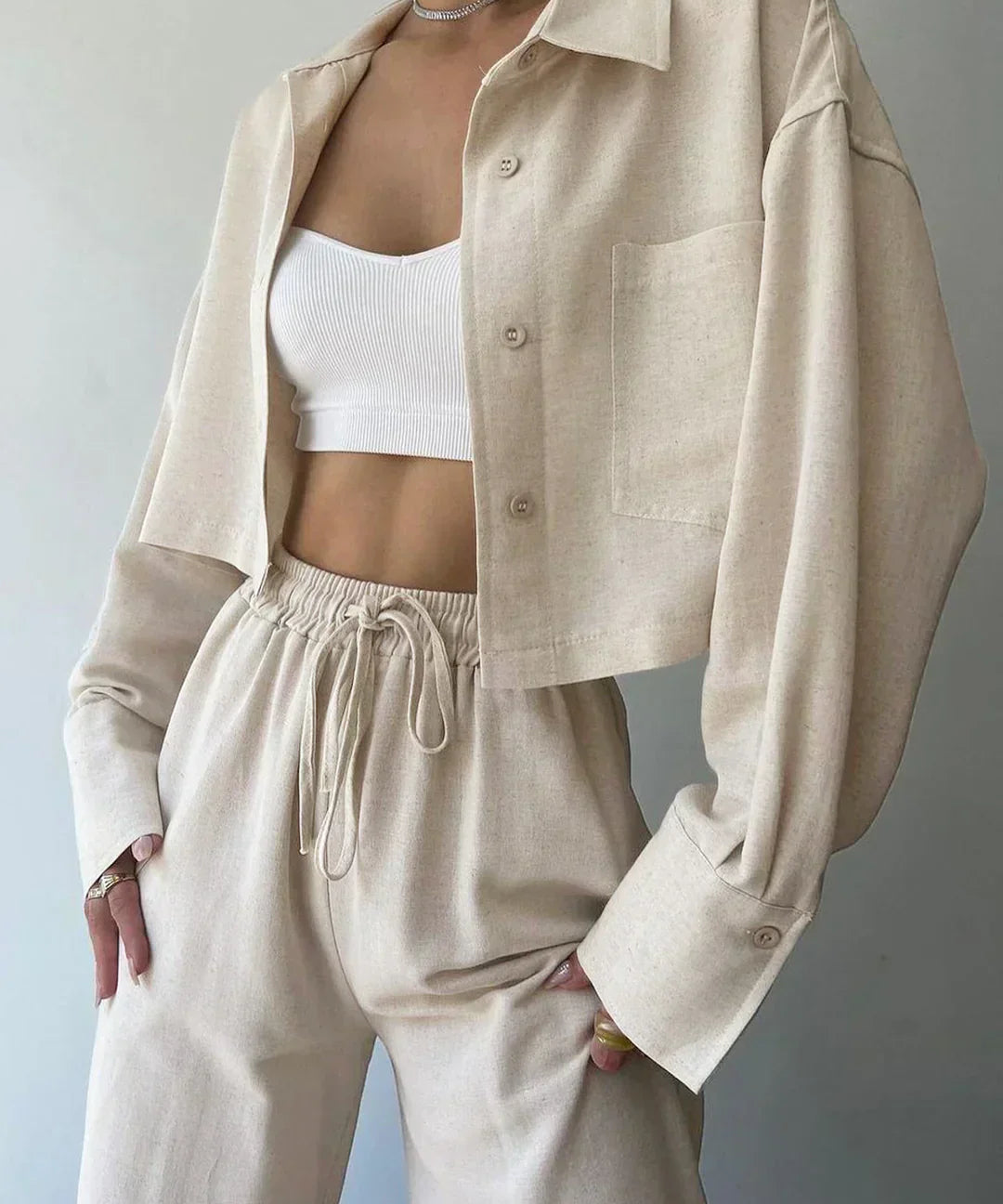 Set de pantaloni din două piese cu guler și șnur, casual