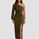 Clarisse – Rochie de Damă Drapată pe Un Umăr Elegantă Oliv