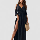 Valentina – Rochie maxi fără umeri, decolteu în V, talie elastică