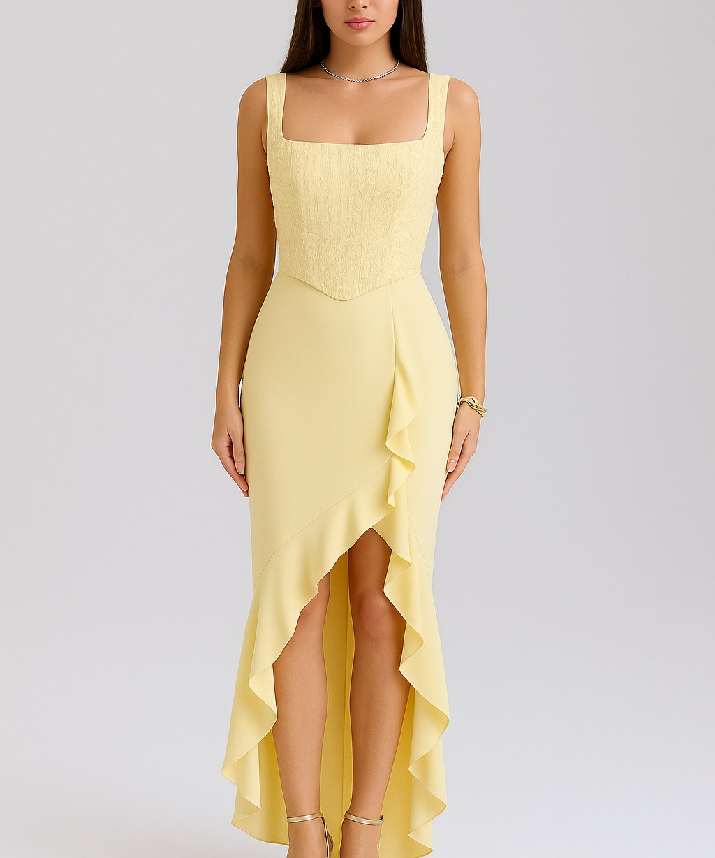 Bella – Rochie Midi de Damă din Satin cu Corset și Volane