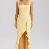 Bella – Rochie Midi de Damă din Satin cu Corset și Volane