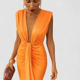 Isla – Rochie Midi de Damă cu Decolteu și Drapaje Elegante