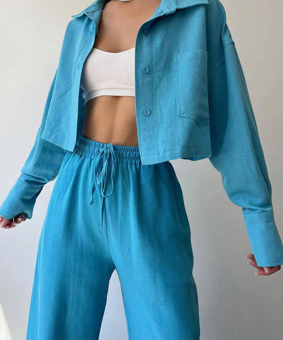 Set de pantaloni din două piese cu guler și șnur, casual