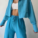 Set de pantaloni din două piese cu guler și șnur, casual