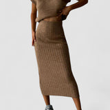 Set Asamblat: Top Tricotat Gros și Fustă Midi Tricotată cu Talie Înaltă
