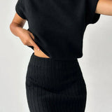 Set Asortat: Top Tricotat Gros și Fustă Midi Tricotată cu Talie Înaltă