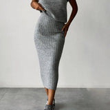 Set Asamblat: Top Tricotat Gros și Fustă Midi Tricotată cu Talie Înaltă
