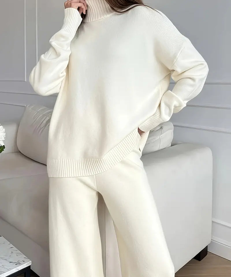 Set de tricot cu guler înalt de culoare solidă