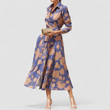 Floriza – Rochie Clasică Stil Cămașă Midi cu Cordon și Mâneci Lungi