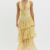 Faye – Rochie Midi de Damă Elegantă cu Volane și Spate Deschis