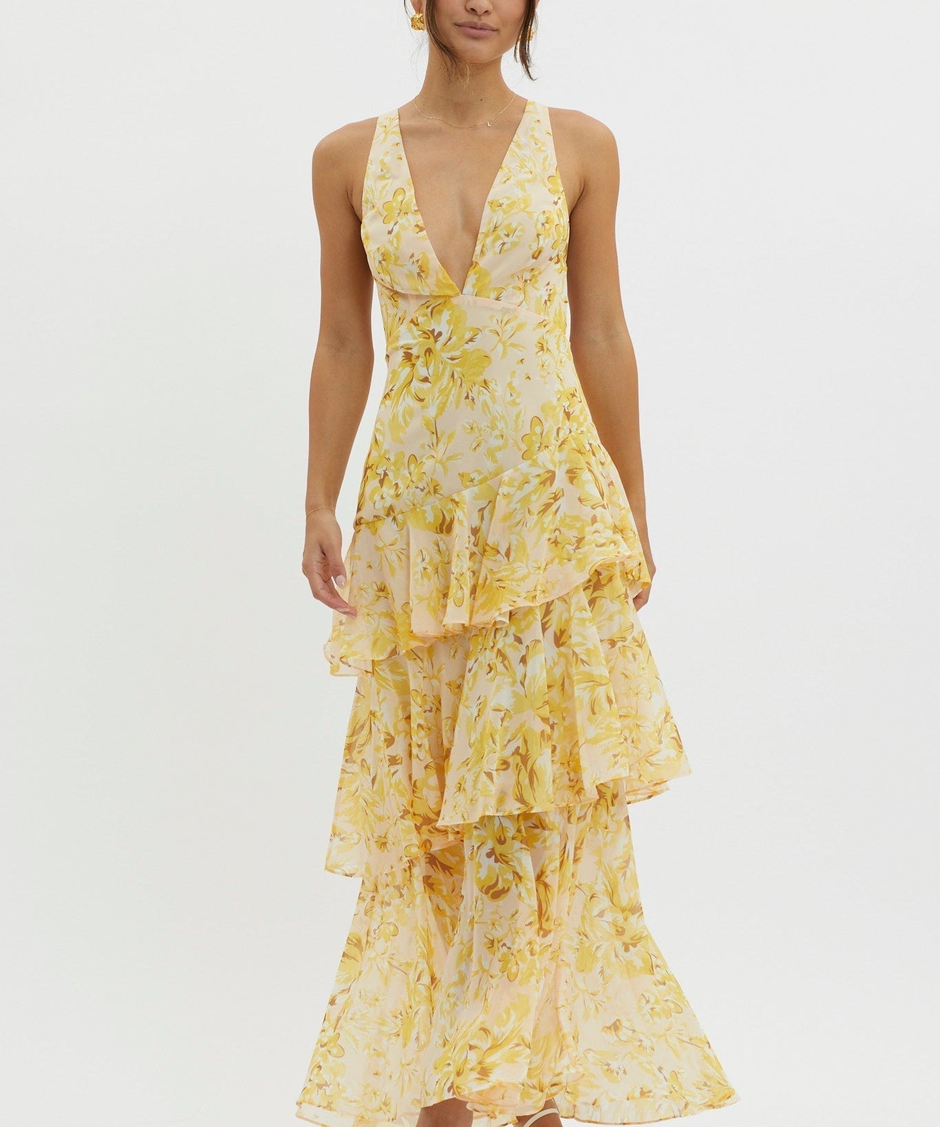 Faye – Rochie Midi de Damă Elegantă cu Volane și Spate Deschis