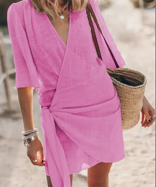 Angelin – Rochie de Damă din In cu Decolteu în V Elegantă de Vară