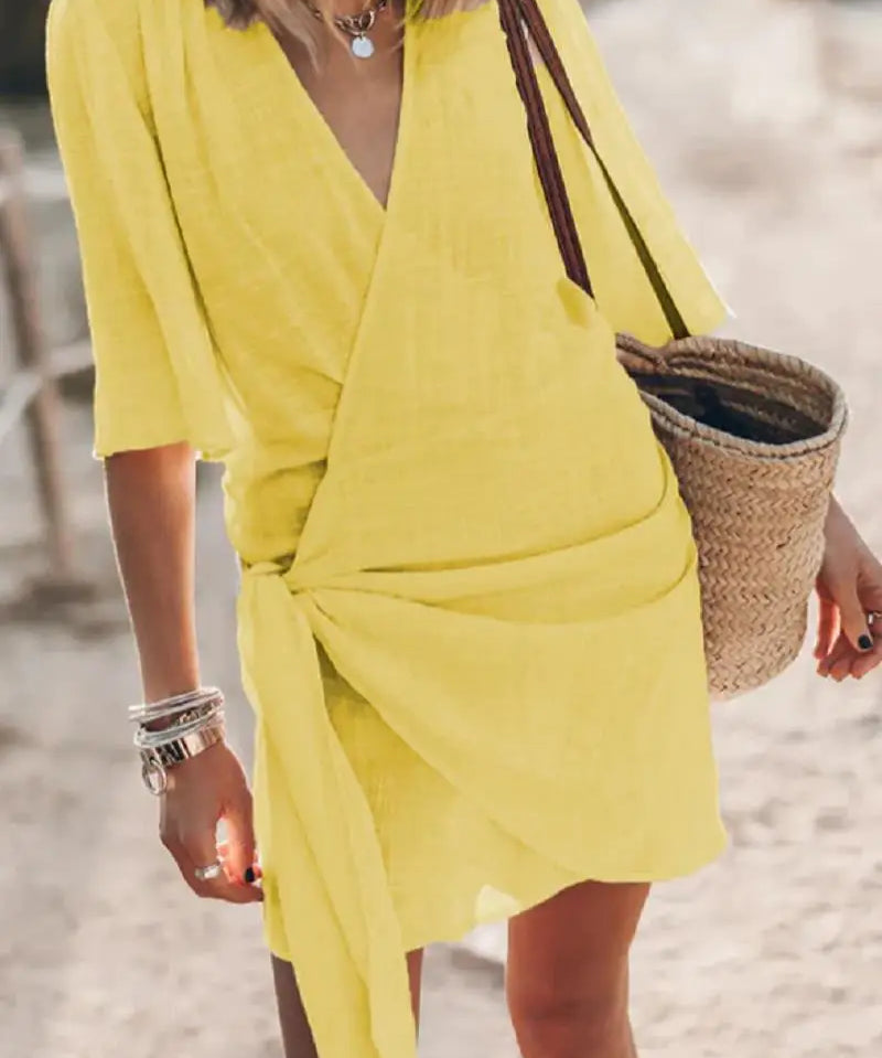 Angelin – Rochie de Damă din In cu Decolteu în V Elegantă de Vară