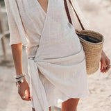 Angelin – Rochie de Damă din In cu Decolteu în V Elegantă de Vară