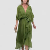 Aurora – Rochie Midi Damă din Chiffon, Stil Înfașurat, Vară