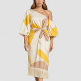 Talia – Rochie de Damă Satinată Elegantă cu Volane Asimetrice