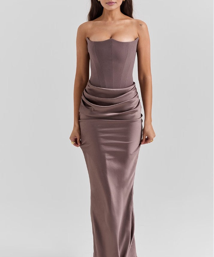 Cassia – Rochie Maxi Elegantă de Damă cu Corset și Satin