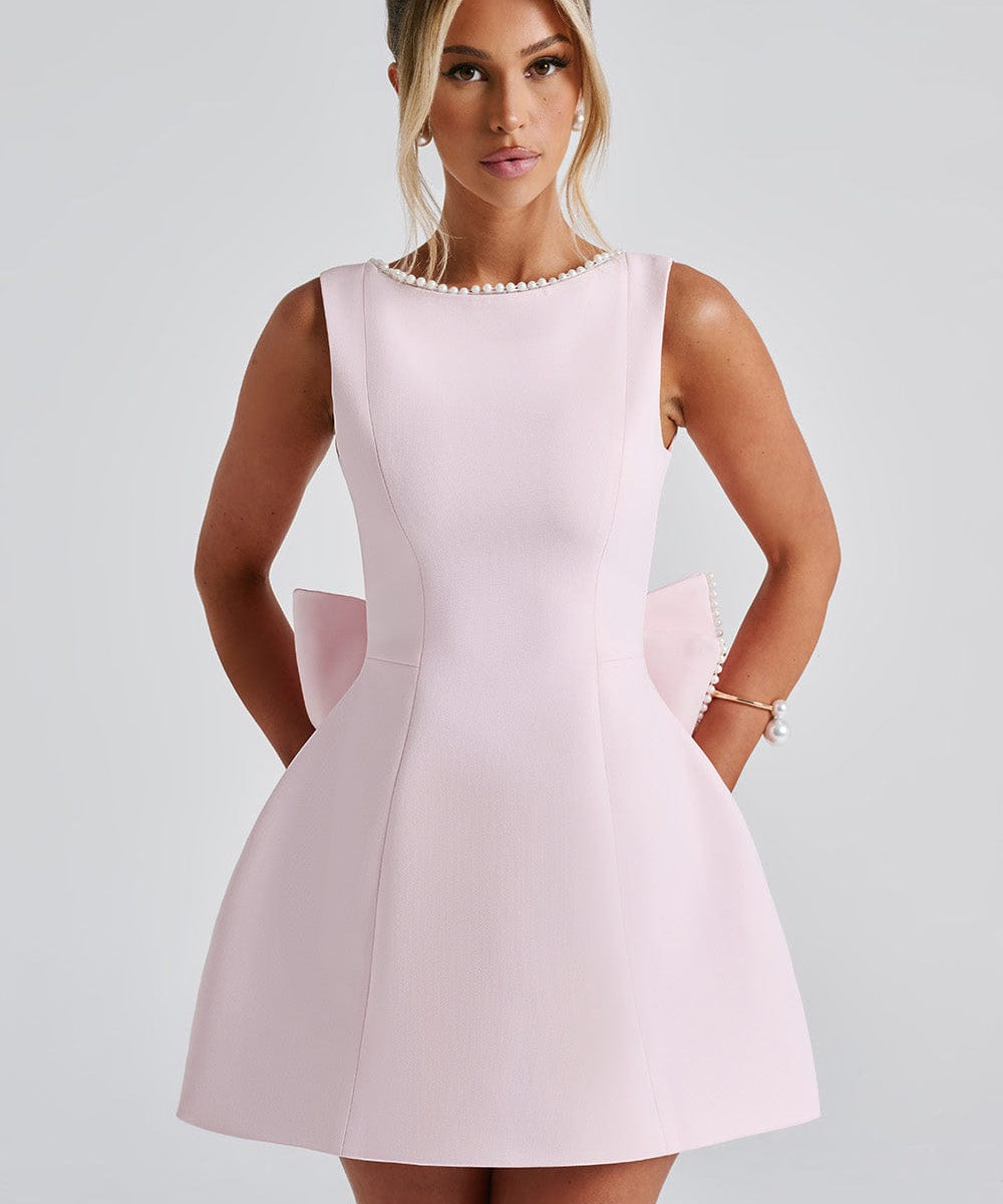 Elle – Rochie Mini de Damă cu Fundă și Perle