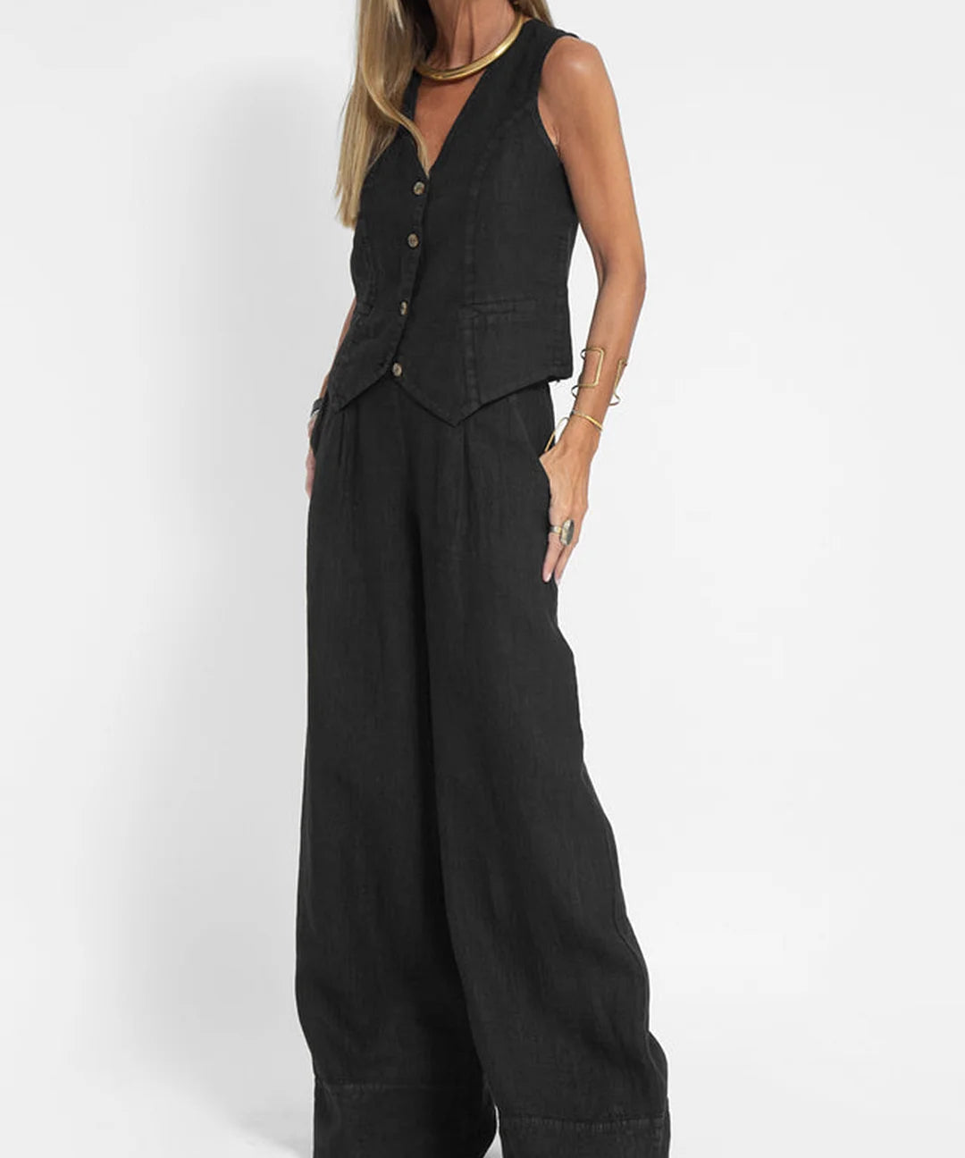 Jessica - Set Vestă cu Nasturi și Pantaloni Largi