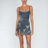 Bluvera – Rochie Mini de Damă Elegantă Albastră cu Imprimeu Cosmic