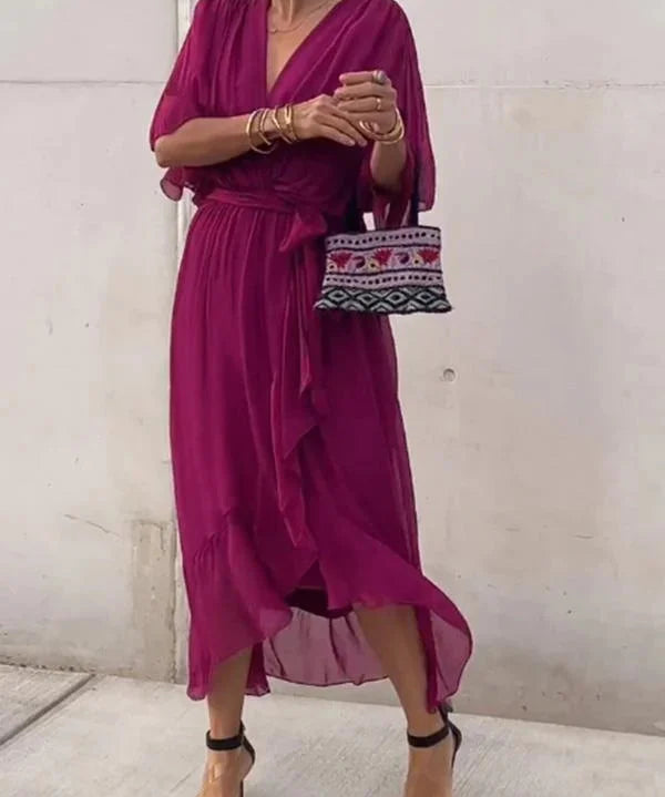 Aurora – Rochie Midi Damă din Chiffon, Stil Înfașurat, Vară