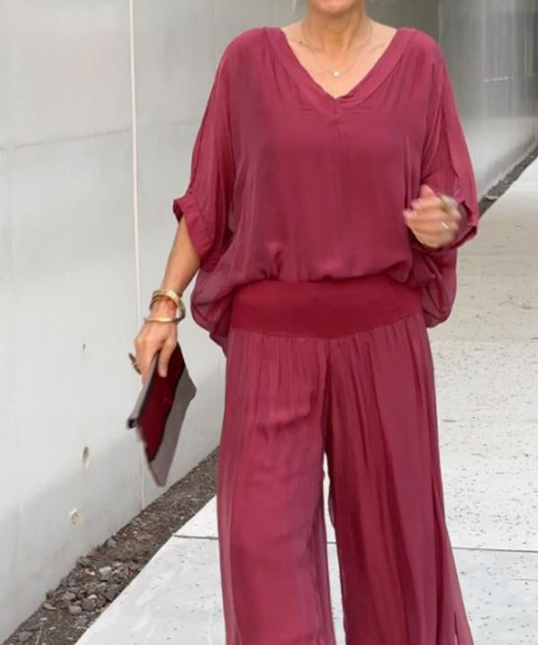 ESMERALDA – SET DIN DOUĂ PIESE CU PANTALONI LARGI DIN CHIFFON ELEGANT