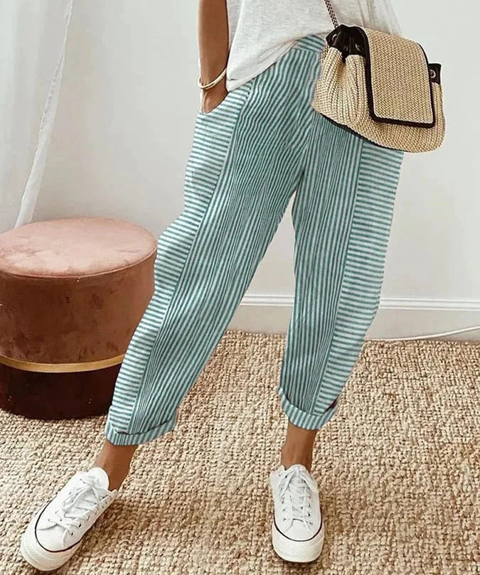 Celia | Pantaloni din Bumbac Rayat Clasic