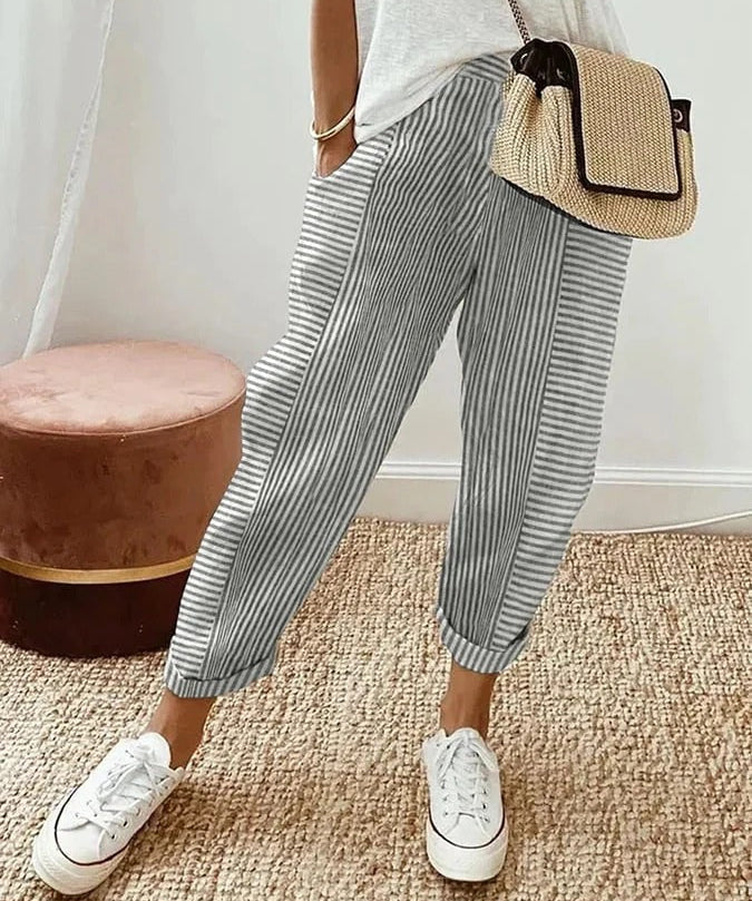 Celia | Pantaloni din Bumbac Rayat Clasic