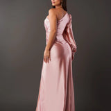 Araceli – Rochie Satinată Asimetrică cu Nod și Umăr Descoperit